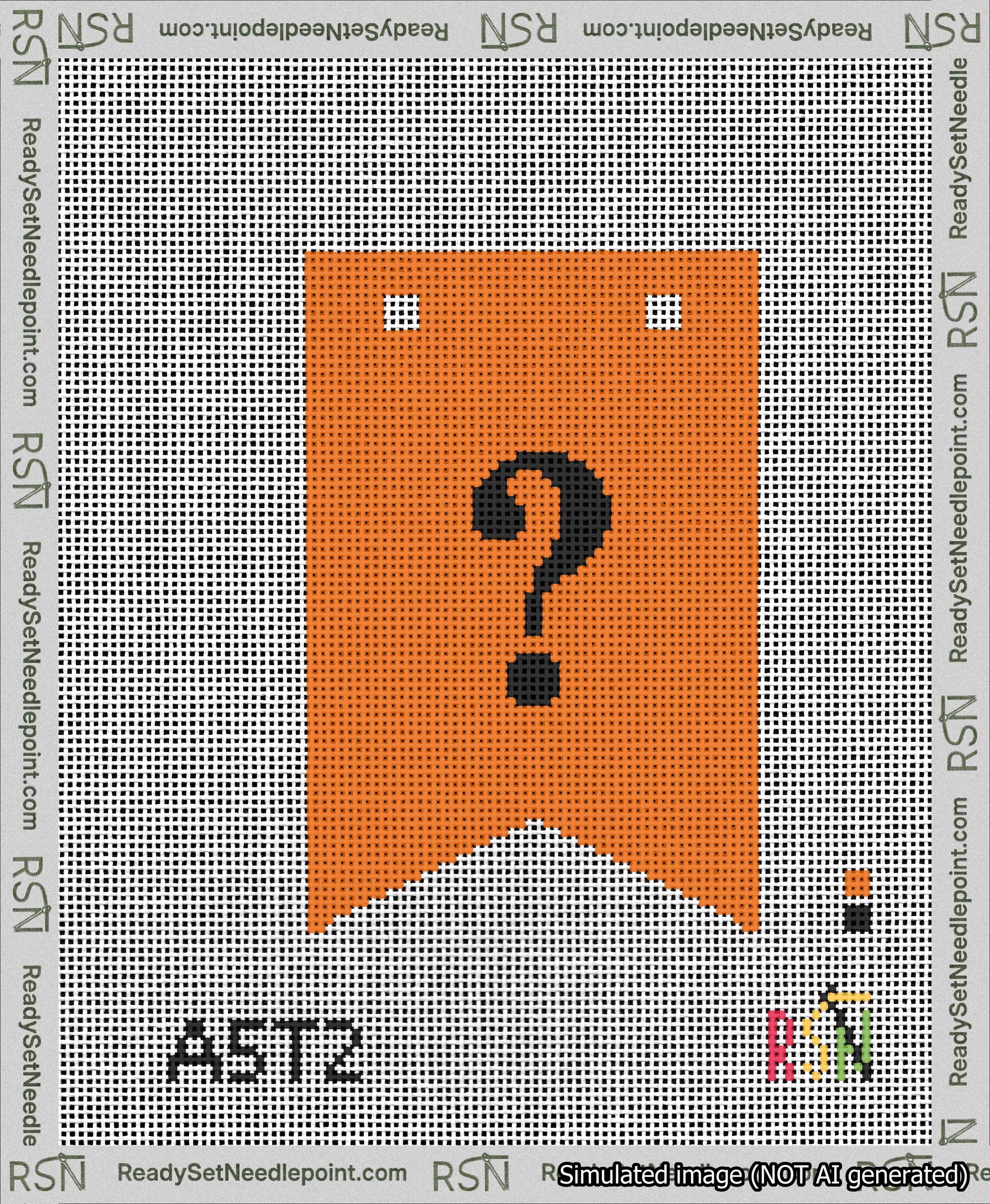 A taped needlepoint canvas with the design: Banner 13 mesh count Forked Question Black on Orange.