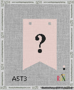 A taped needlepoint canvas with the design: Banner 13 mesh count Forked Question Black on Pink.