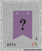 A taped needlepoint canvas with the design: Banner 13 mesh count Forked Question Black on Purple.