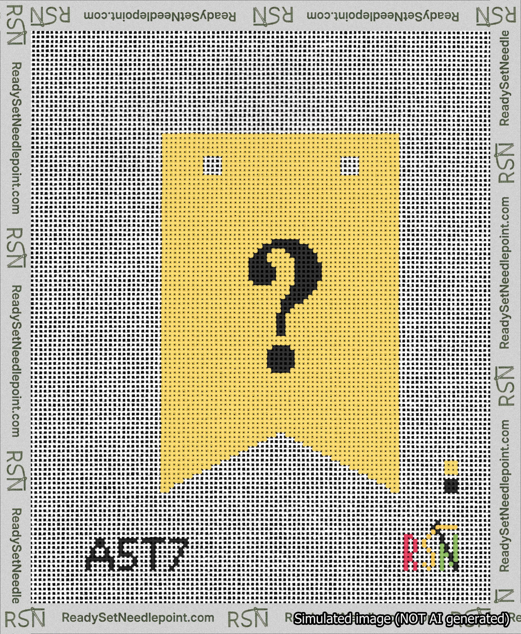 A taped needlepoint canvas with the design: Banner 13 mesh count Forked Question Black on Yellow.