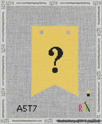 A taped needlepoint canvas with the design: Banner 13 mesh count Forked Question Black on Yellow.