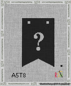 A taped needlepoint canvas with the design: Banner 13 mesh count Forked Question White on Black.