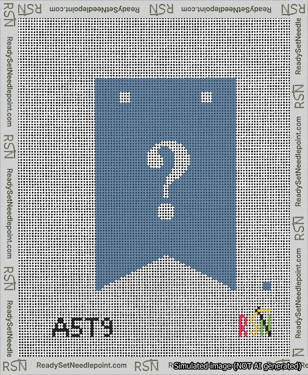 A taped needlepoint canvas with the design: Banner 13 mesh count Forked Question White on Blue.