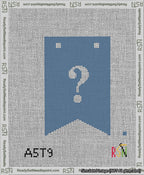 A taped needlepoint canvas with the design: Banner 13 mesh count Forked Question White on Blue.