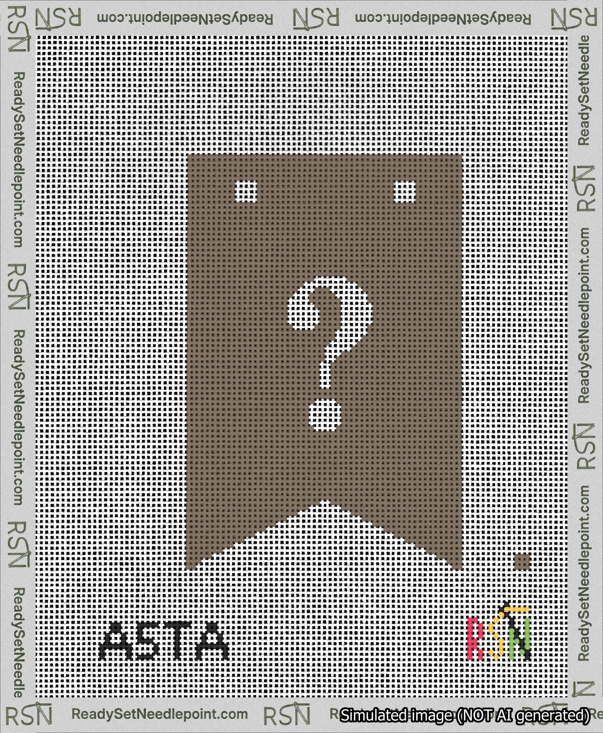 A taped needlepoint canvas with the design: Banner 13 mesh count Forked Question White on Brown.