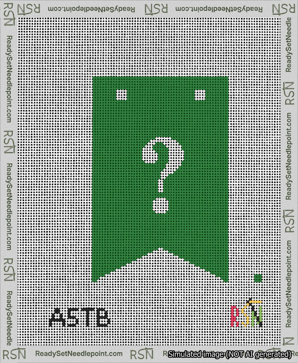 A taped needlepoint canvas with the design: Banner 13 mesh count Forked Question White on Green.