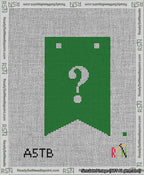 A taped needlepoint canvas with the design: Banner 13 mesh count Forked Question White on Green.