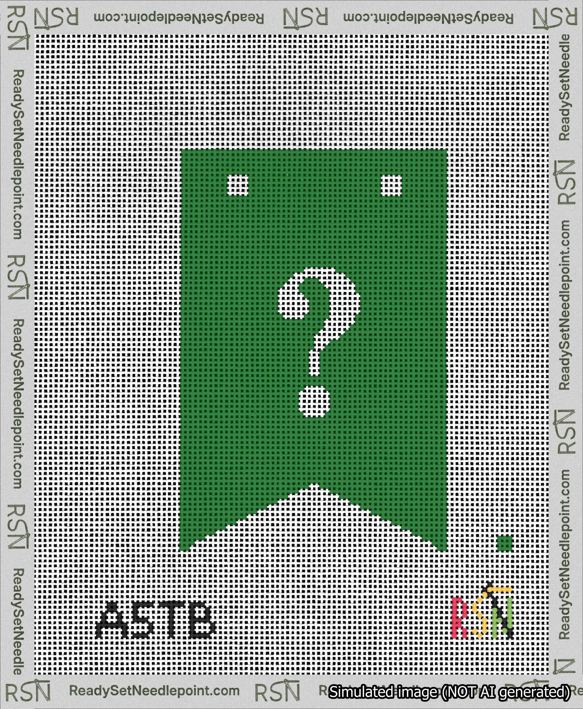 A taped needlepoint canvas with the design: Banner 13 mesh count Forked Question White on Green.