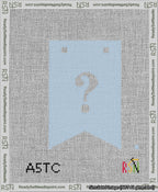 A taped needlepoint canvas with the design: Banner 13 mesh count Forked Question White on Light Blue.