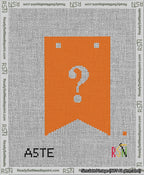 A taped needlepoint canvas with the design: Banner 13 mesh count Forked Question White on Orange.