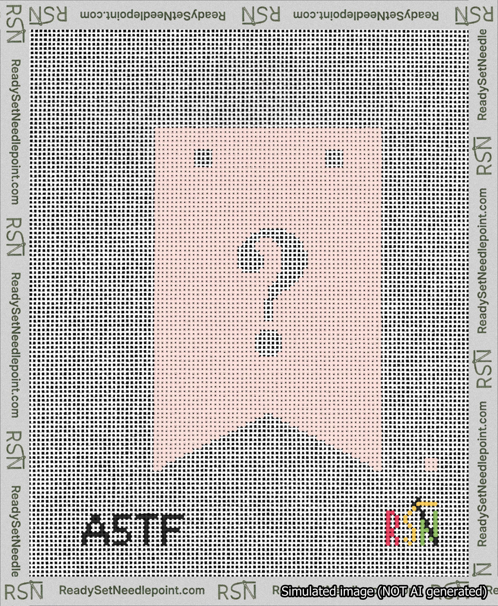 A taped needlepoint canvas with the design: Banner 13 mesh count Forked Question White on Pink.