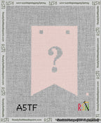 A taped needlepoint canvas with the design: Banner 13 mesh count Forked Question White on Pink.