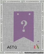 A taped needlepoint canvas with the design: Banner 13 mesh count Forked Question White on Purple.