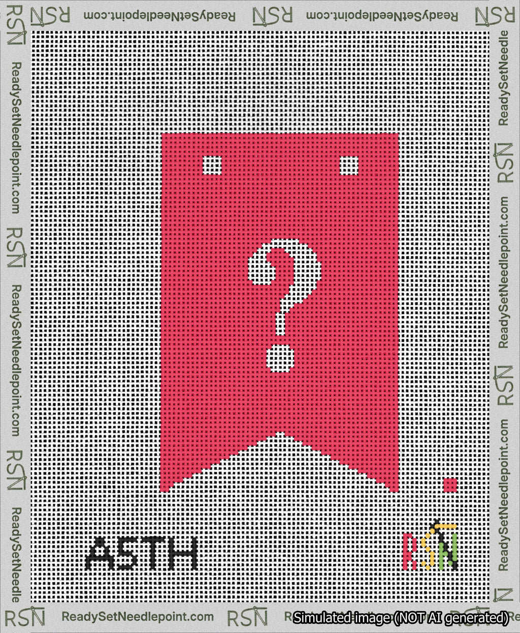 A taped needlepoint canvas with the design: Banner 13 mesh count Forked Question White on Red.