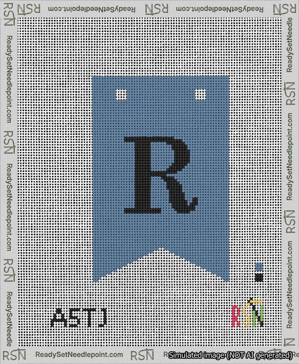 A taped needlepoint canvas with the design: Banner 13 mesh count Forked R Black on Blue.