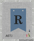 A taped needlepoint canvas with the design: Banner 13 mesh count Forked R Black on Blue.