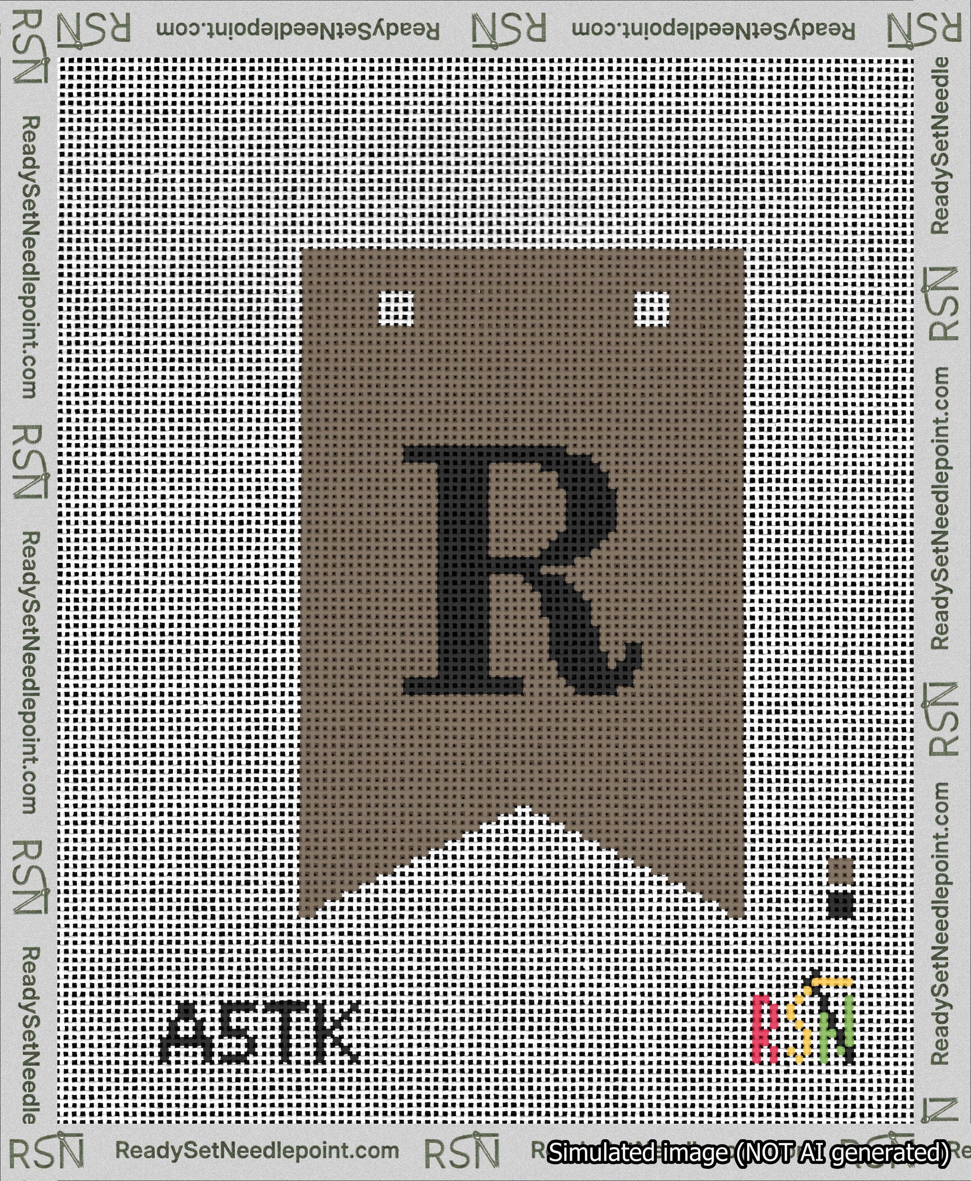A taped needlepoint canvas with the design: Banner 13 mesh count Forked R Black on Brown.
