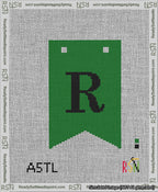 A taped needlepoint canvas with the design: Banner 13 mesh count Forked R Black on Green.