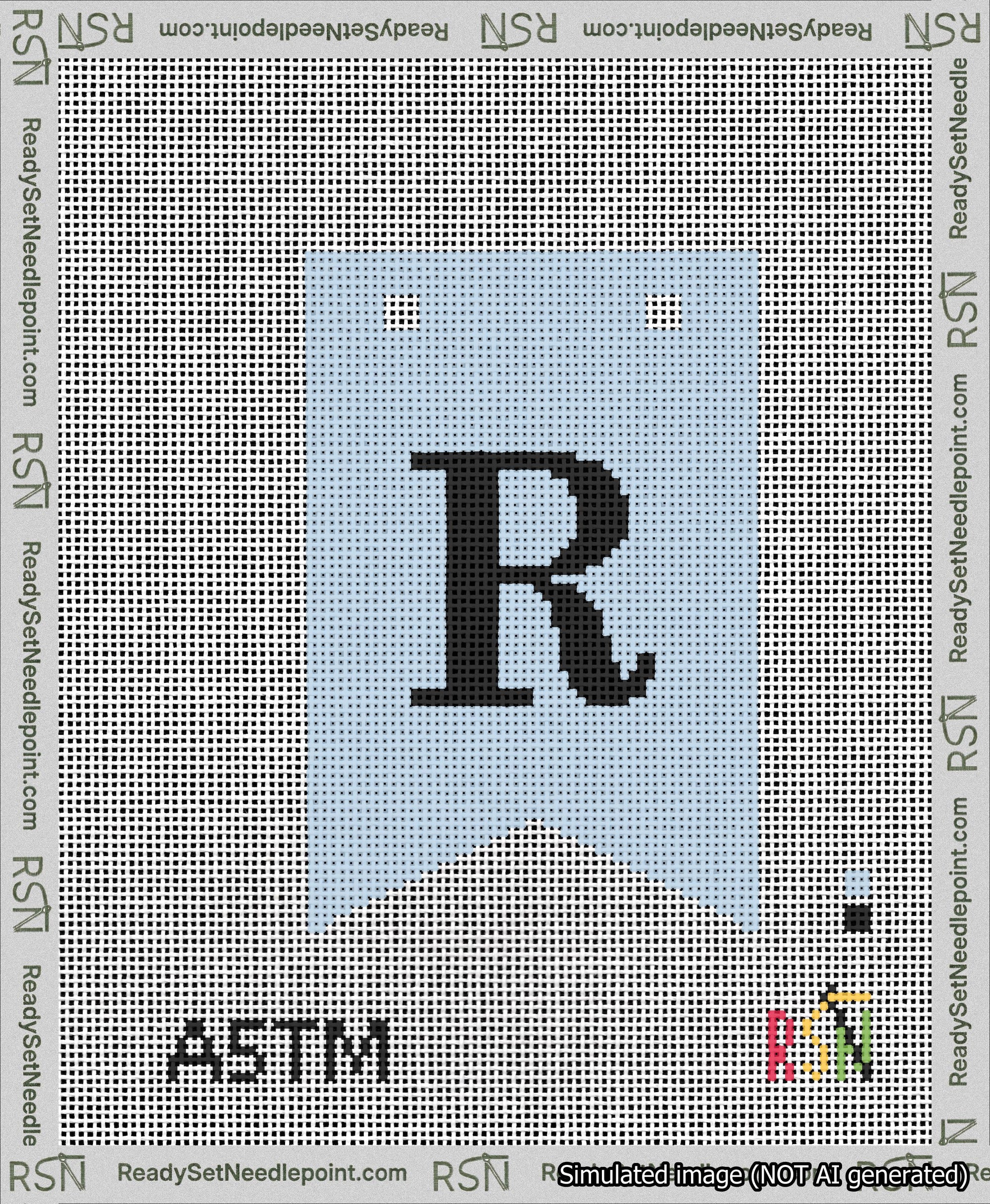 A taped needlepoint canvas with the design: Banner 13 mesh count Forked R Black on Light Blue.