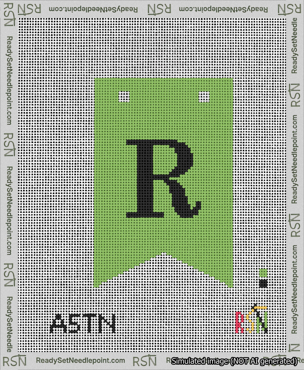 A taped needlepoint canvas with the design: Banner 13 mesh count Forked R Black on Light Green.