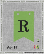 A taped needlepoint canvas with the design: Banner 13 mesh count Forked R Black on Light Green.