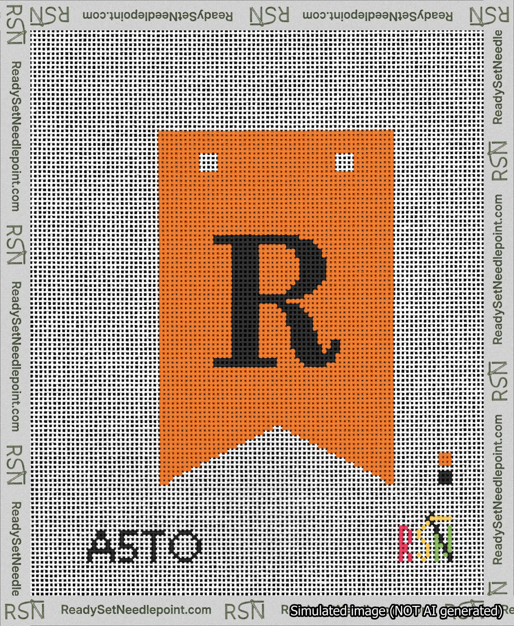 A taped needlepoint canvas with the design: Banner 13 mesh count Forked R Black on Orange.