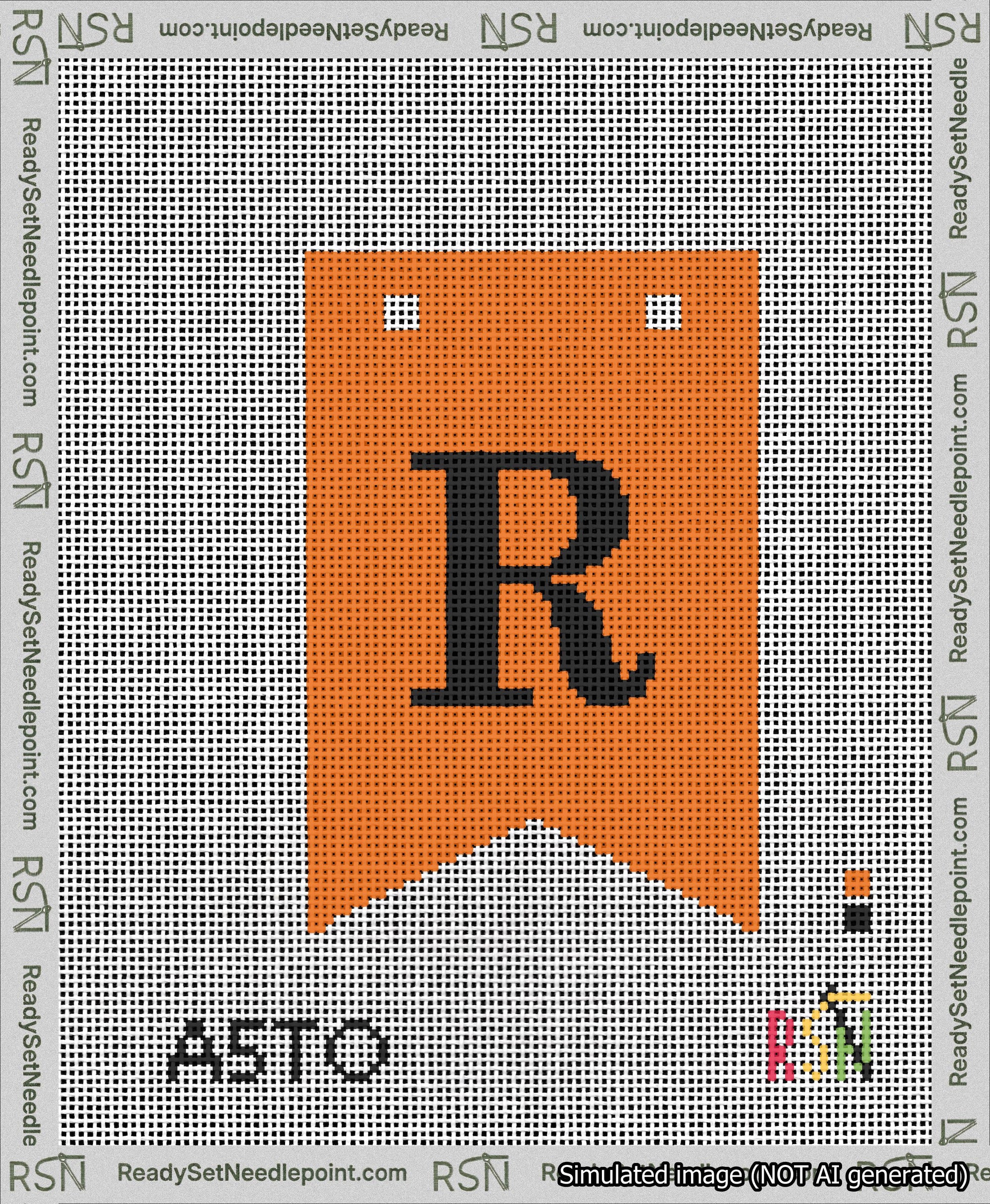 A taped needlepoint canvas with the design: Banner 13 mesh count Forked R Black on Orange.