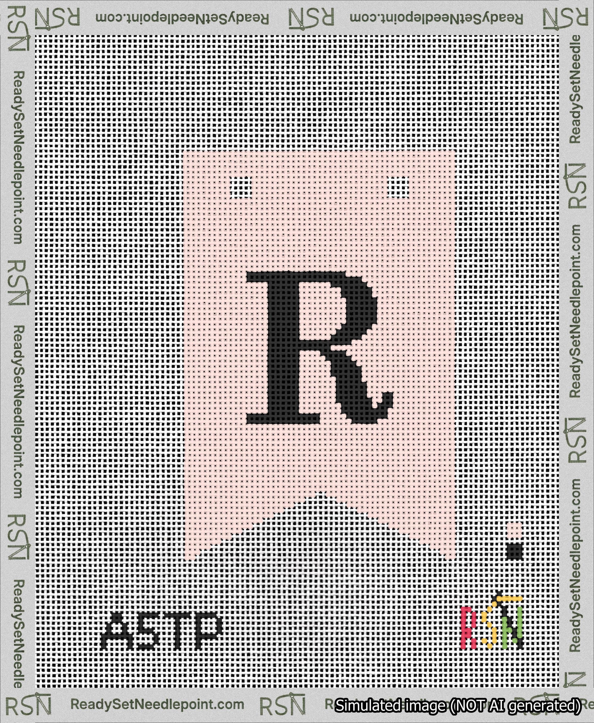 A taped needlepoint canvas with the design: Banner 13 mesh count Forked R Black on Pink.