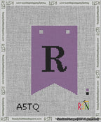 A taped needlepoint canvas with the design: Banner 13 mesh count Forked R Black on Purple.