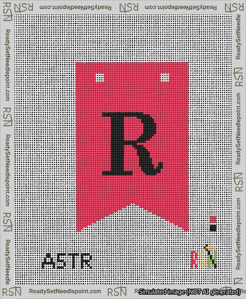 A taped needlepoint canvas with the design: Banner 13 mesh count Forked R Black on Red.