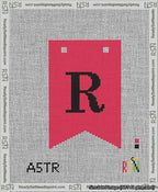 A taped needlepoint canvas with the design: Banner 13 mesh count Forked R Black on Red.