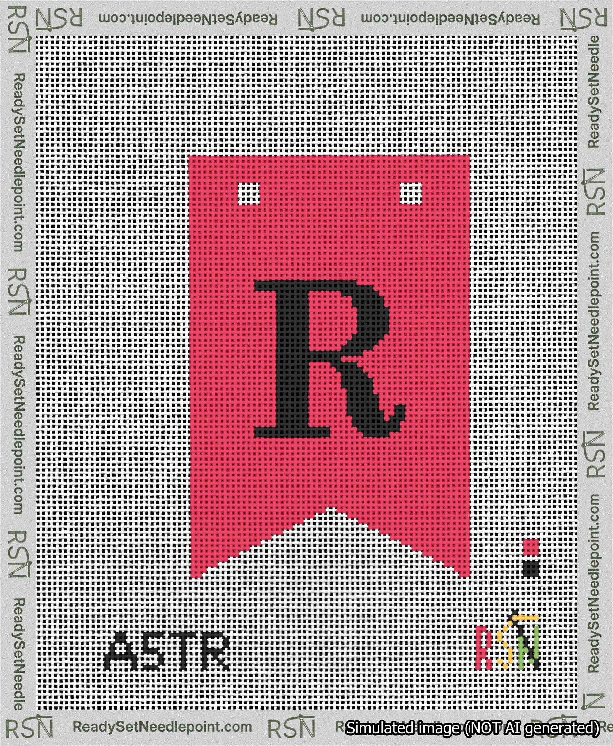 A taped needlepoint canvas with the design: Banner 13 mesh count Forked R Black on Red.