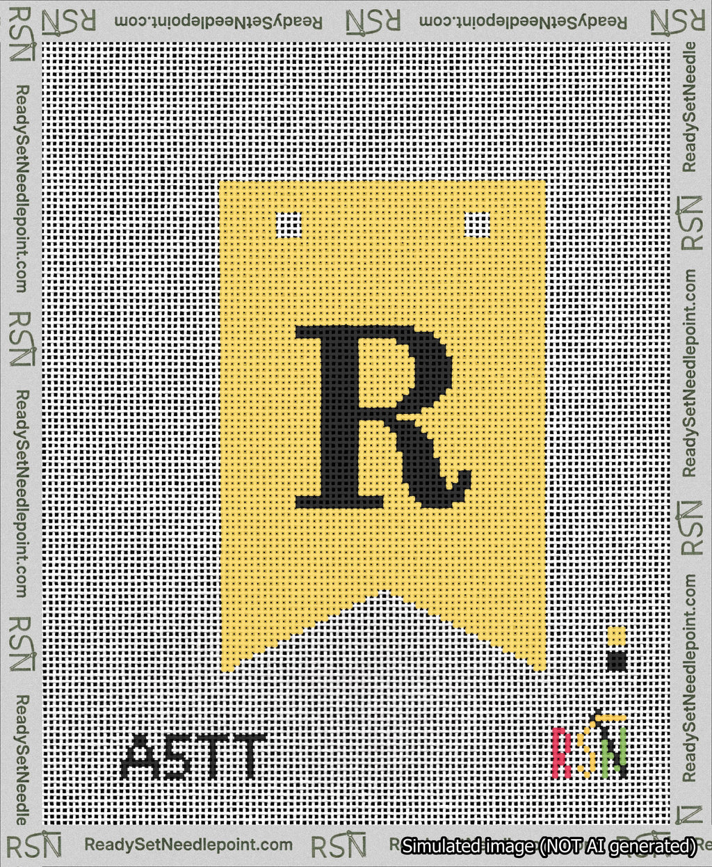 A taped needlepoint canvas with the design: Banner 13 mesh count Forked R Black on Yellow.