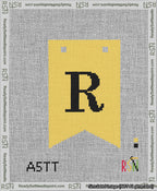 A taped needlepoint canvas with the design: Banner 13 mesh count Forked R Black on Yellow.
