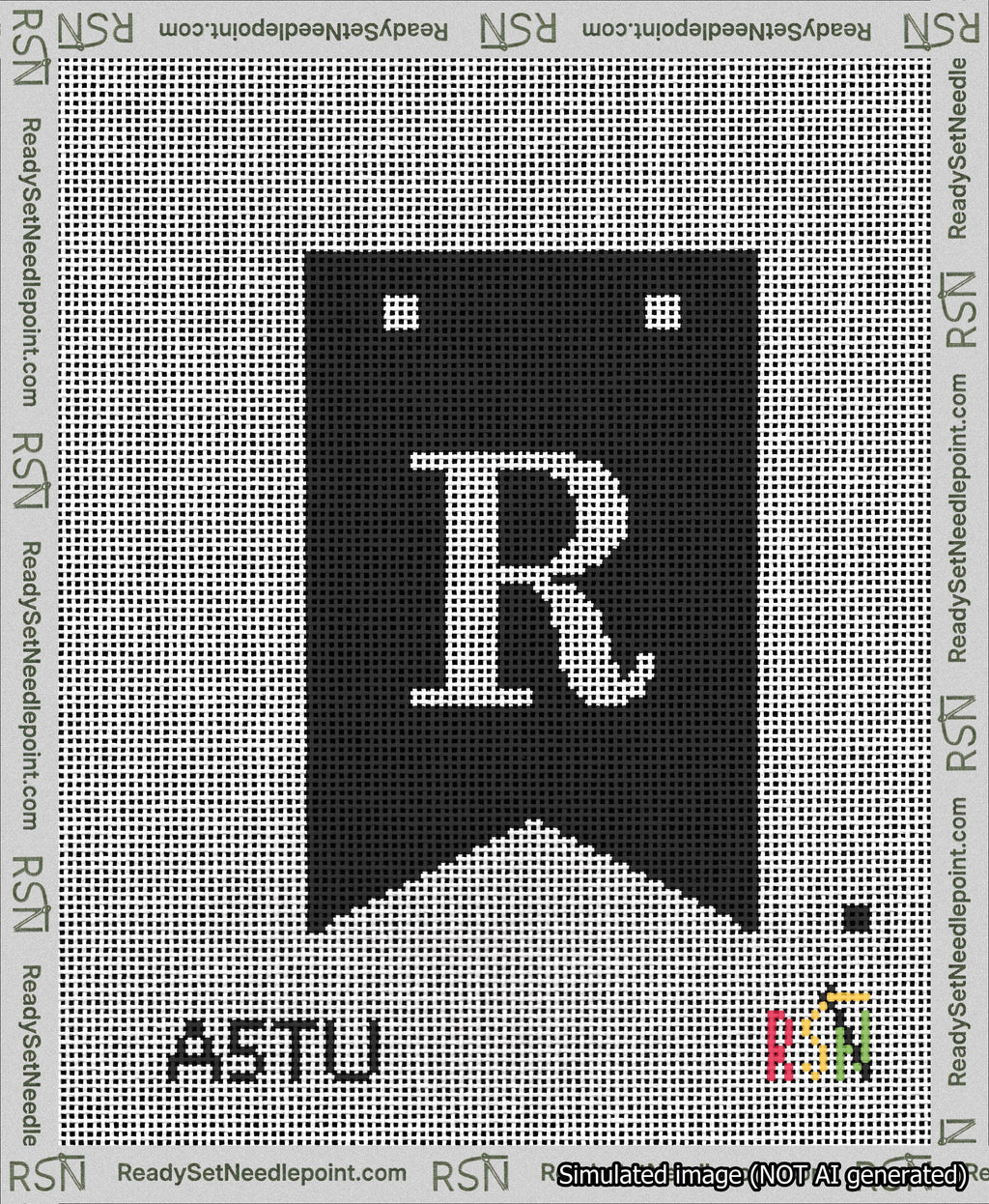 A taped needlepoint canvas with the design: Banner 13 mesh count Forked R White on Black.