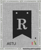 A taped needlepoint canvas with the design: Banner 13 mesh count Forked R White on Black.