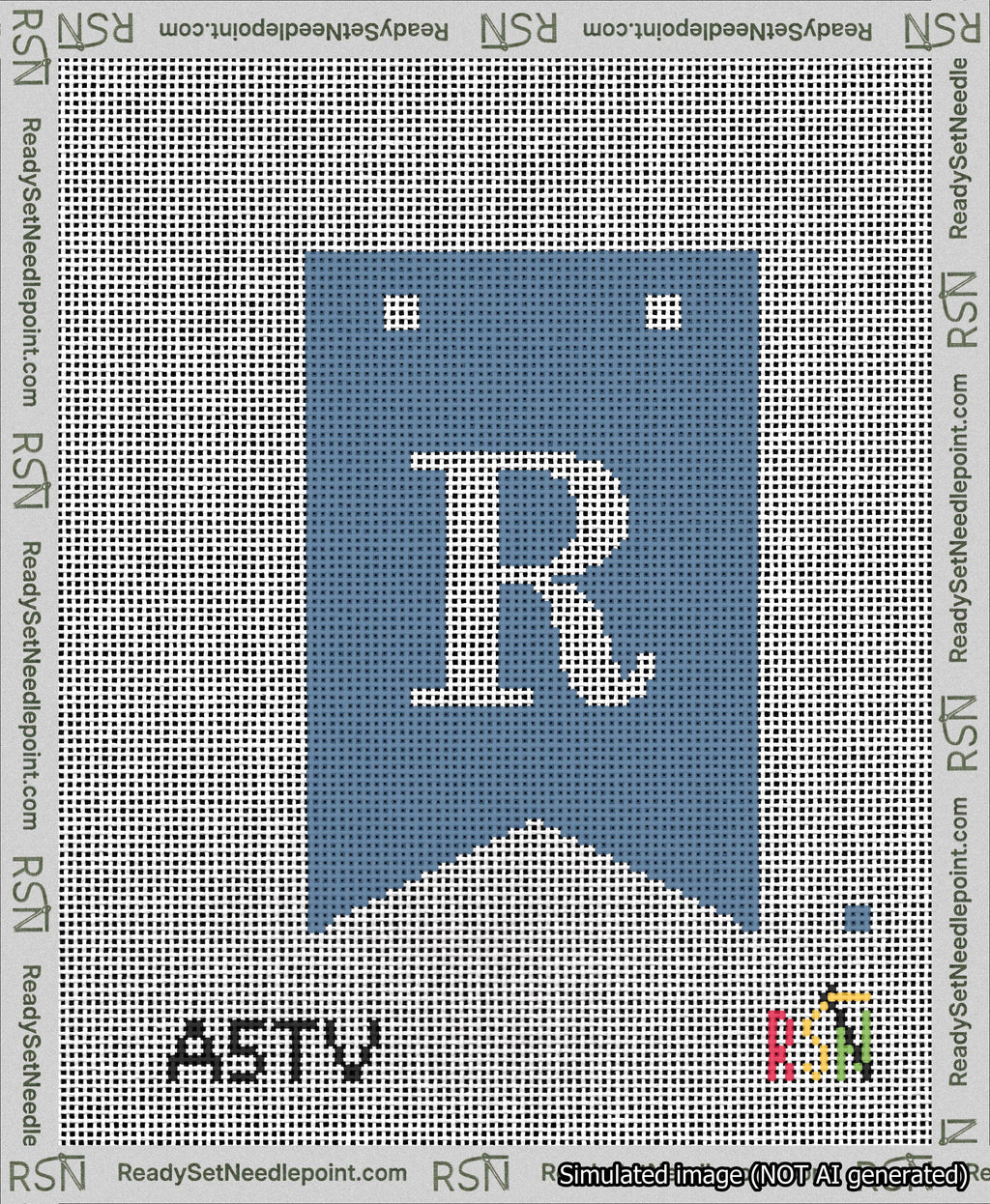 A taped needlepoint canvas with the design: Banner 13 mesh count Forked R White on Blue.