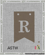 A taped needlepoint canvas with the design: Banner 13 mesh count Forked R White on Brown.