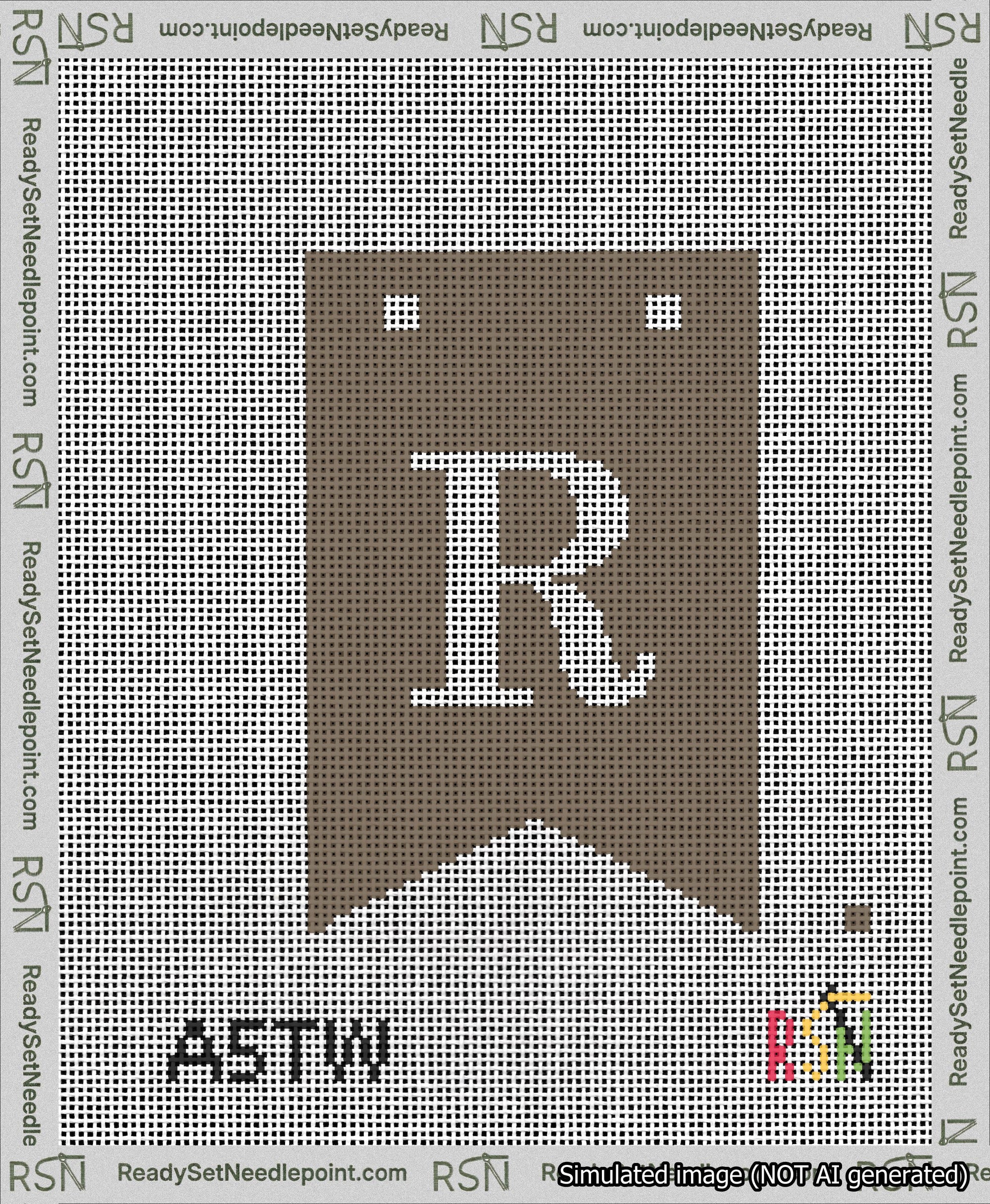 A taped needlepoint canvas with the design: Banner 13 mesh count Forked R White on Brown.