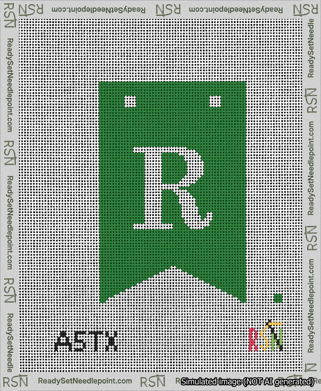 A taped needlepoint canvas with the design: Banner 13 mesh count Forked R White on Green.