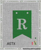 A taped needlepoint canvas with the design: Banner 13 mesh count Forked R White on Green.