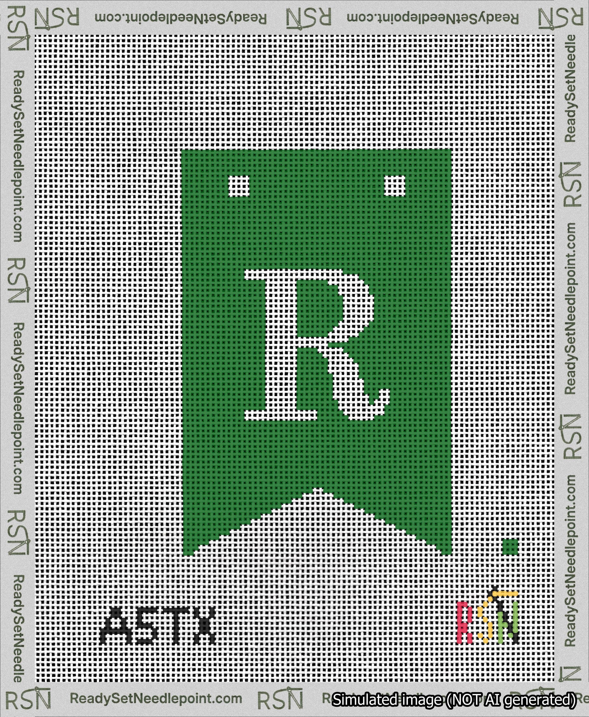 A taped needlepoint canvas with the design: Banner 13 mesh count Forked R White on Green.