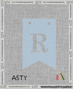A taped needlepoint canvas with the design: Banner 13 mesh count Forked R White on Light Blue.