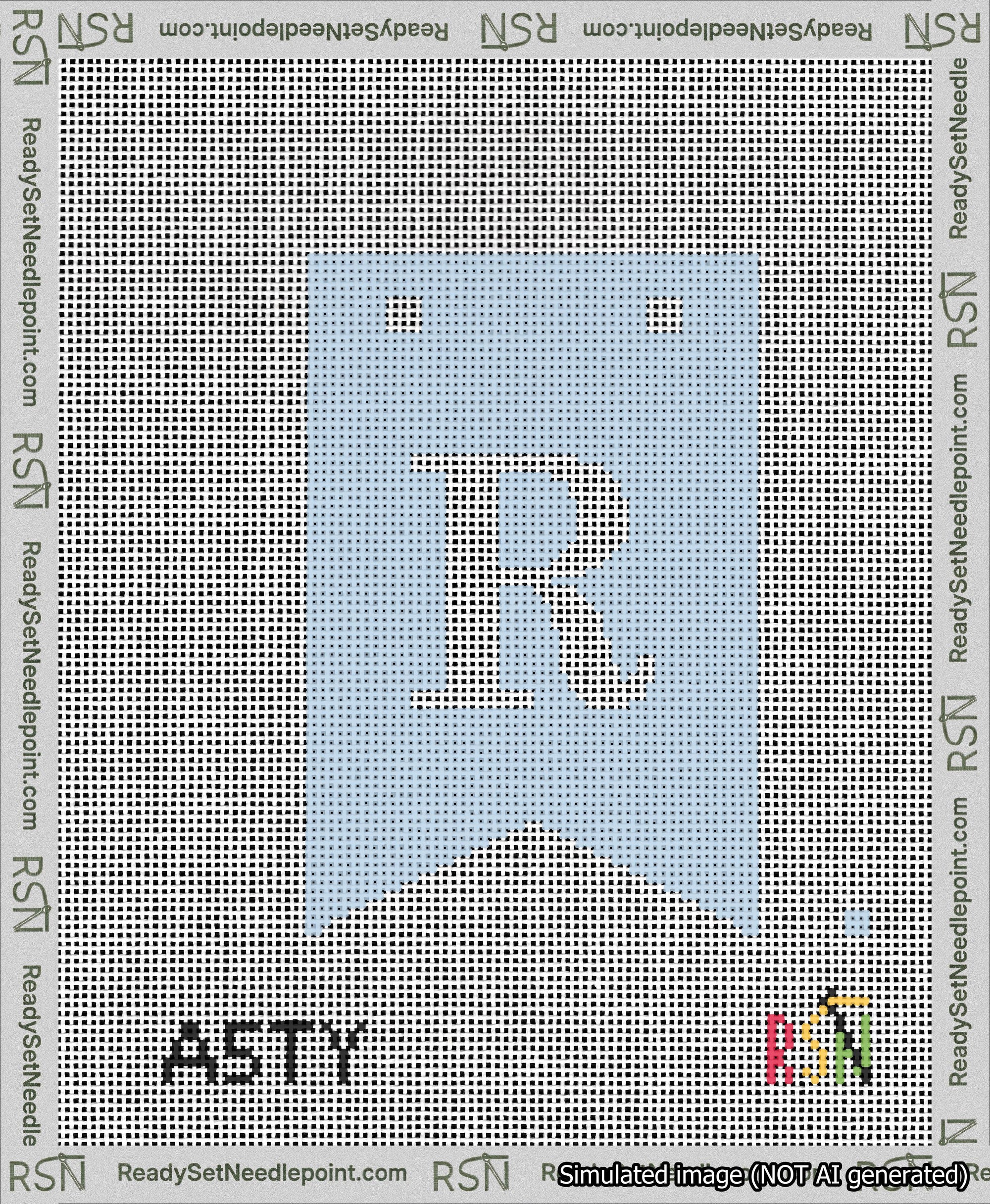 A taped needlepoint canvas with the design: Banner 13 mesh count Forked R White on Light Blue.