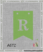 A taped needlepoint canvas with the design: Banner 13 mesh count Forked R White on Light Green.