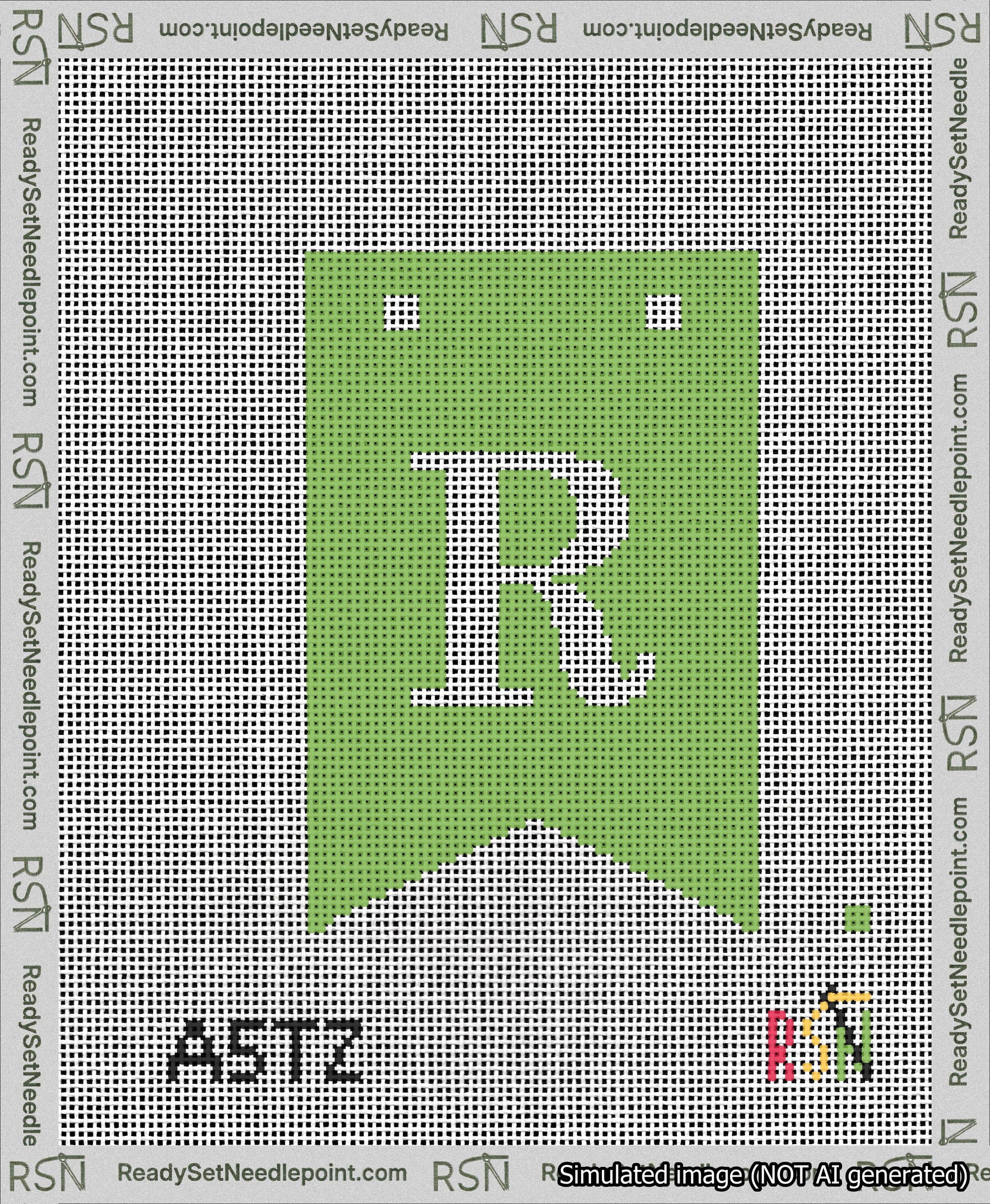 A taped needlepoint canvas with the design: Banner 13 mesh count Forked R White on Light Green.