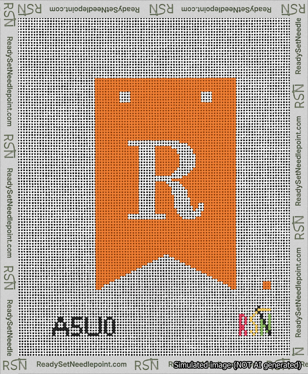 A taped needlepoint canvas with the design: Banner 13 mesh count Forked R White on Orange.