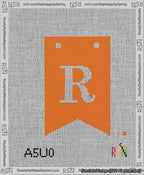 A taped needlepoint canvas with the design: Banner 13 mesh count Forked R White on Orange.
