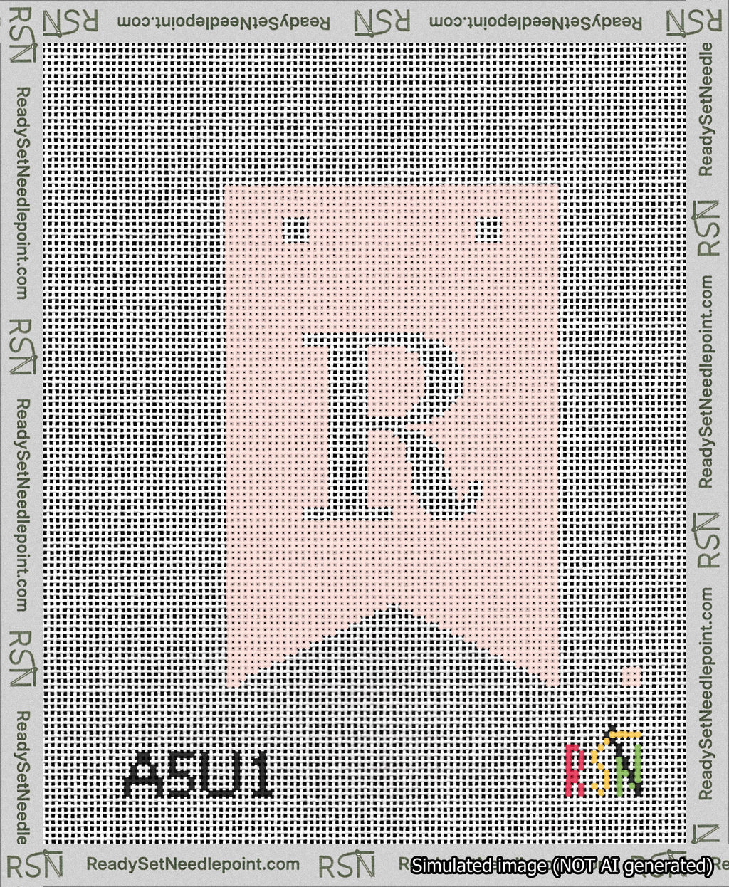 A taped needlepoint canvas with the design: Banner 13 mesh count Forked R White on Pink.