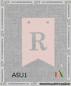 A taped needlepoint canvas with the design: Banner 13 mesh count Forked R White on Pink.